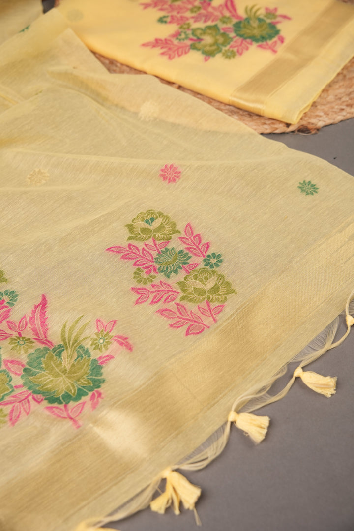 Cotton Bloom Yellow Muga Cotton Unstitched Suit Set