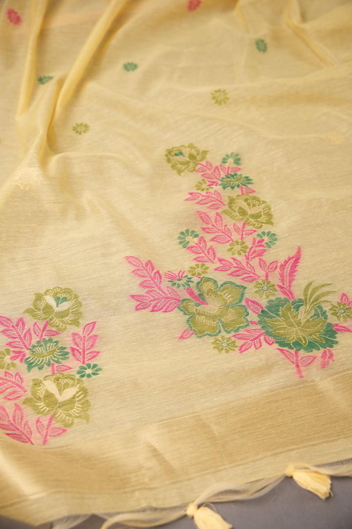 Cotton Bloom Yellow Muga Cotton Unstitched Suit Set