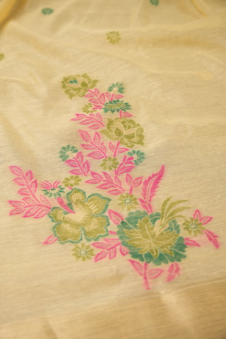 Cotton Bloom Yellow Muga Cotton Unstitched Suit Set