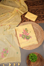 Load image into Gallery viewer, Cotton Bloom Yellow Muga Cotton Unstitched Suit Set
