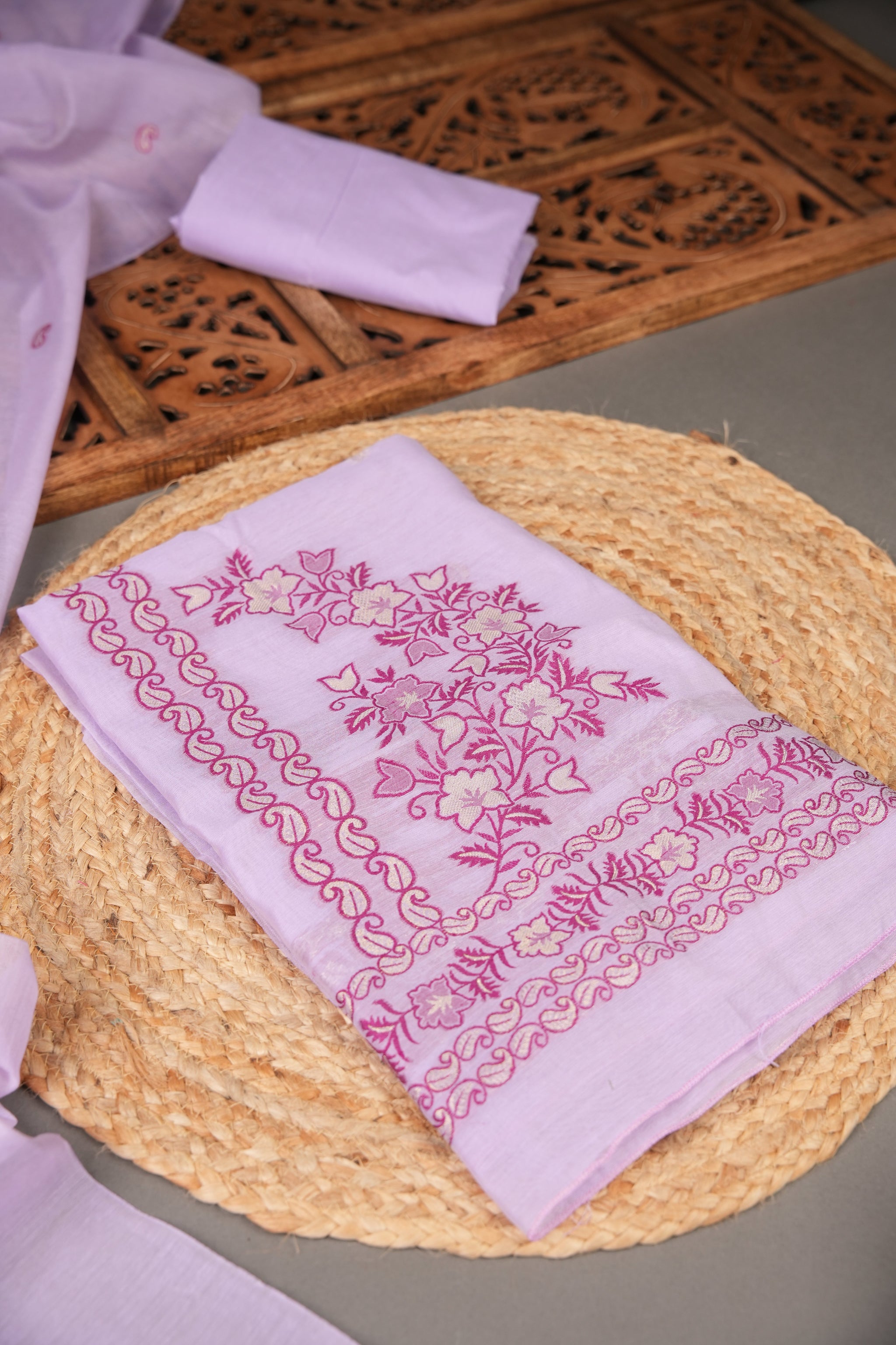 Floral Silhouettes Lavender Muga Cotton Unstitched Suit Set