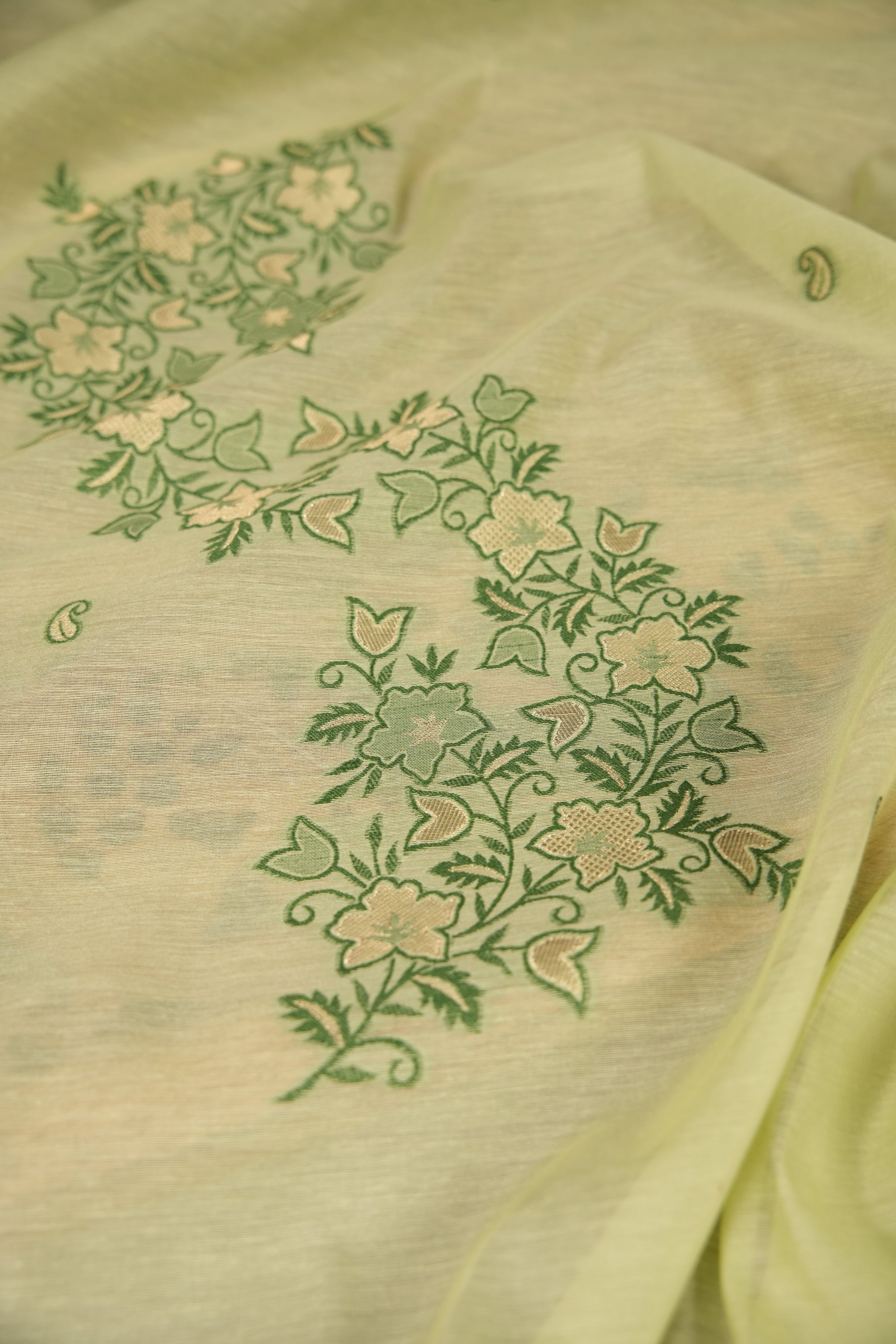 Floral Silhouettes Green Muga Cotton Unstitched Suit Set