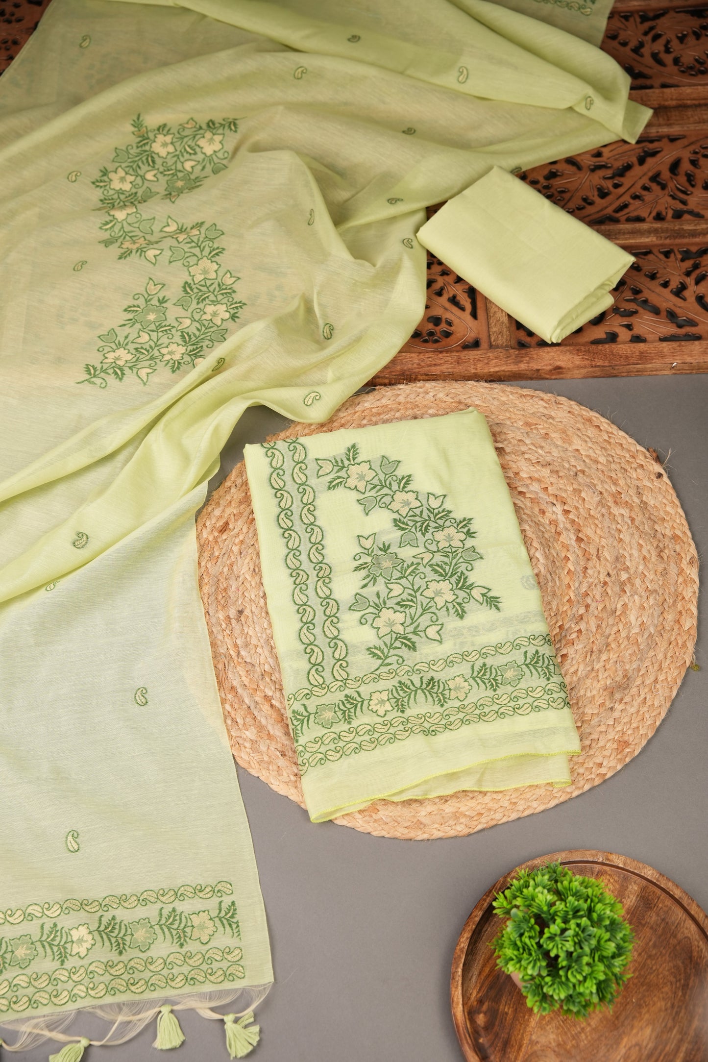 Floral Silhouettes Green Muga Cotton Unstitched Suit Set