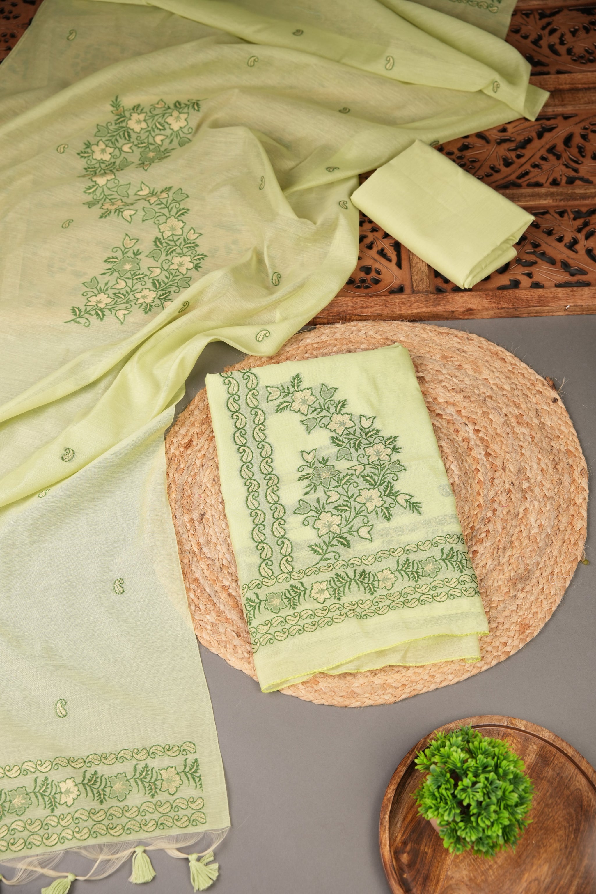 Floral Silhouettes Green Muga Cotton Unstitched Suit Set