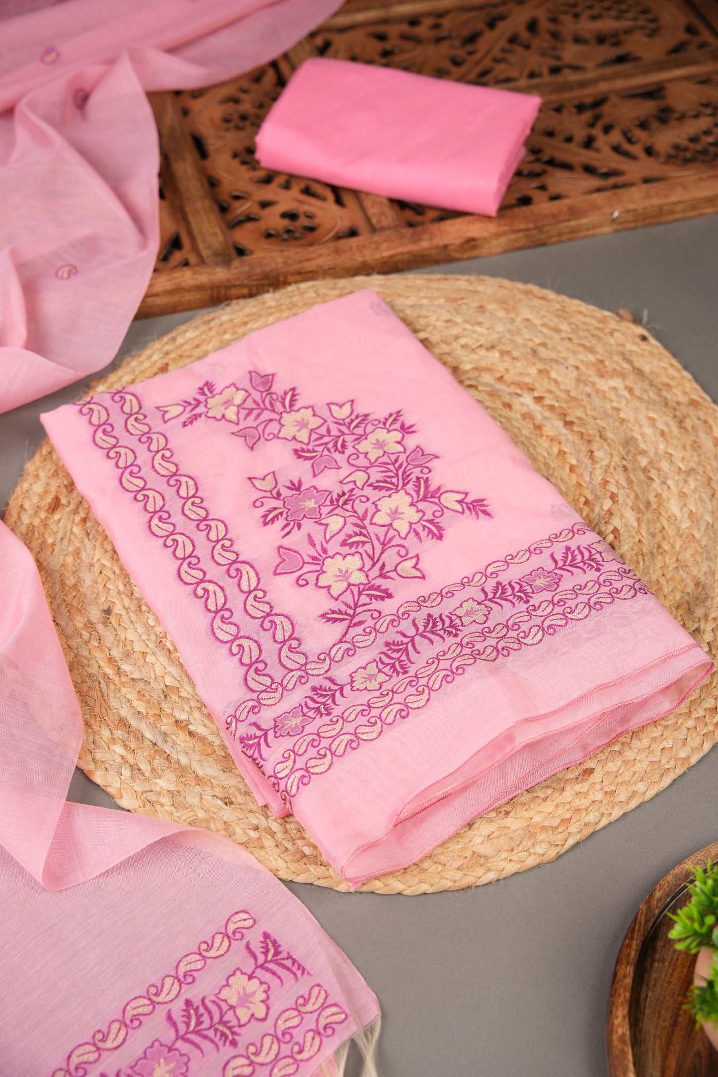 Floral Silhouettes Pink Muga Cotton Unstitched Suit Set