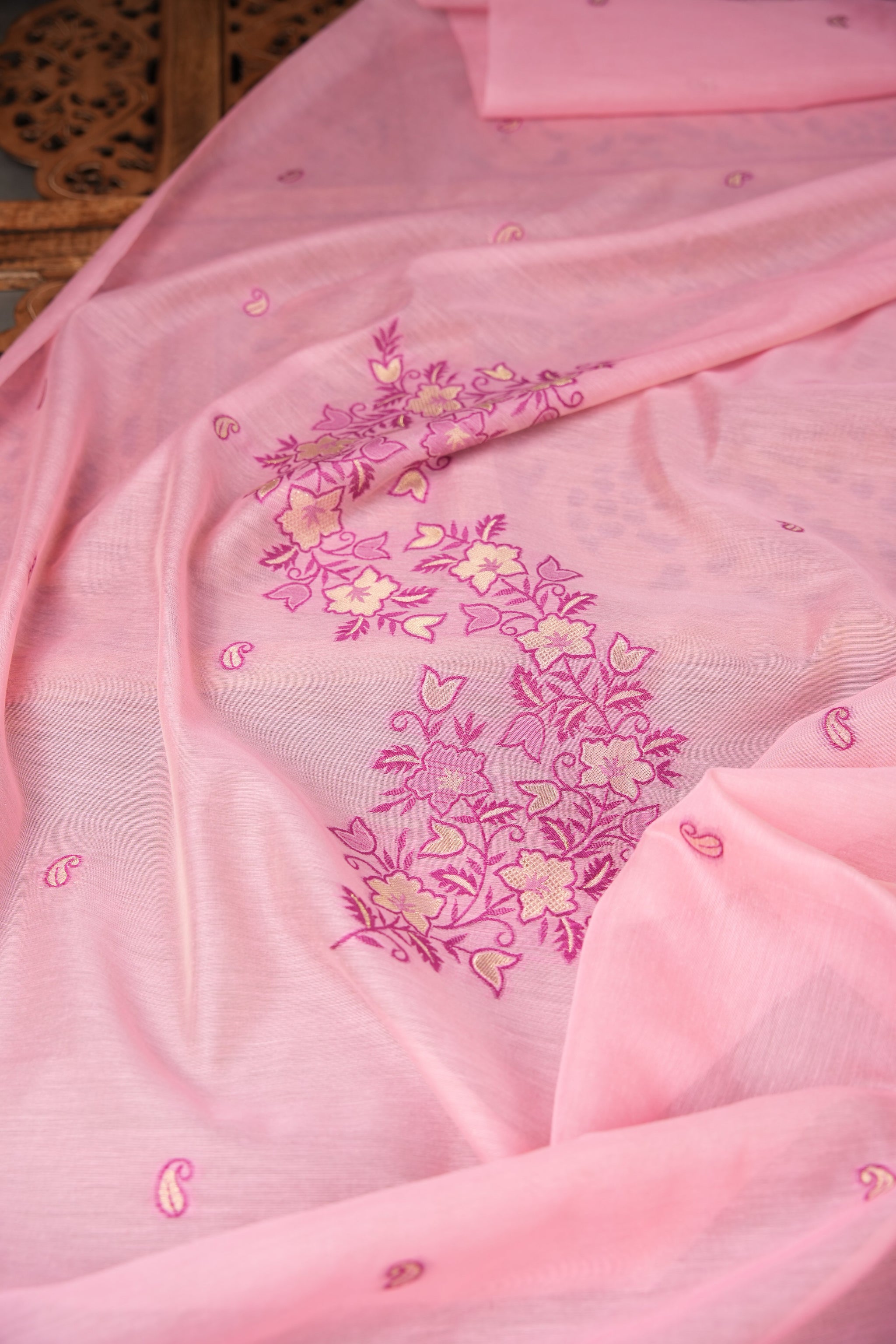 Floral Silhouettes Pink Muga Cotton Unstitched Suit Set