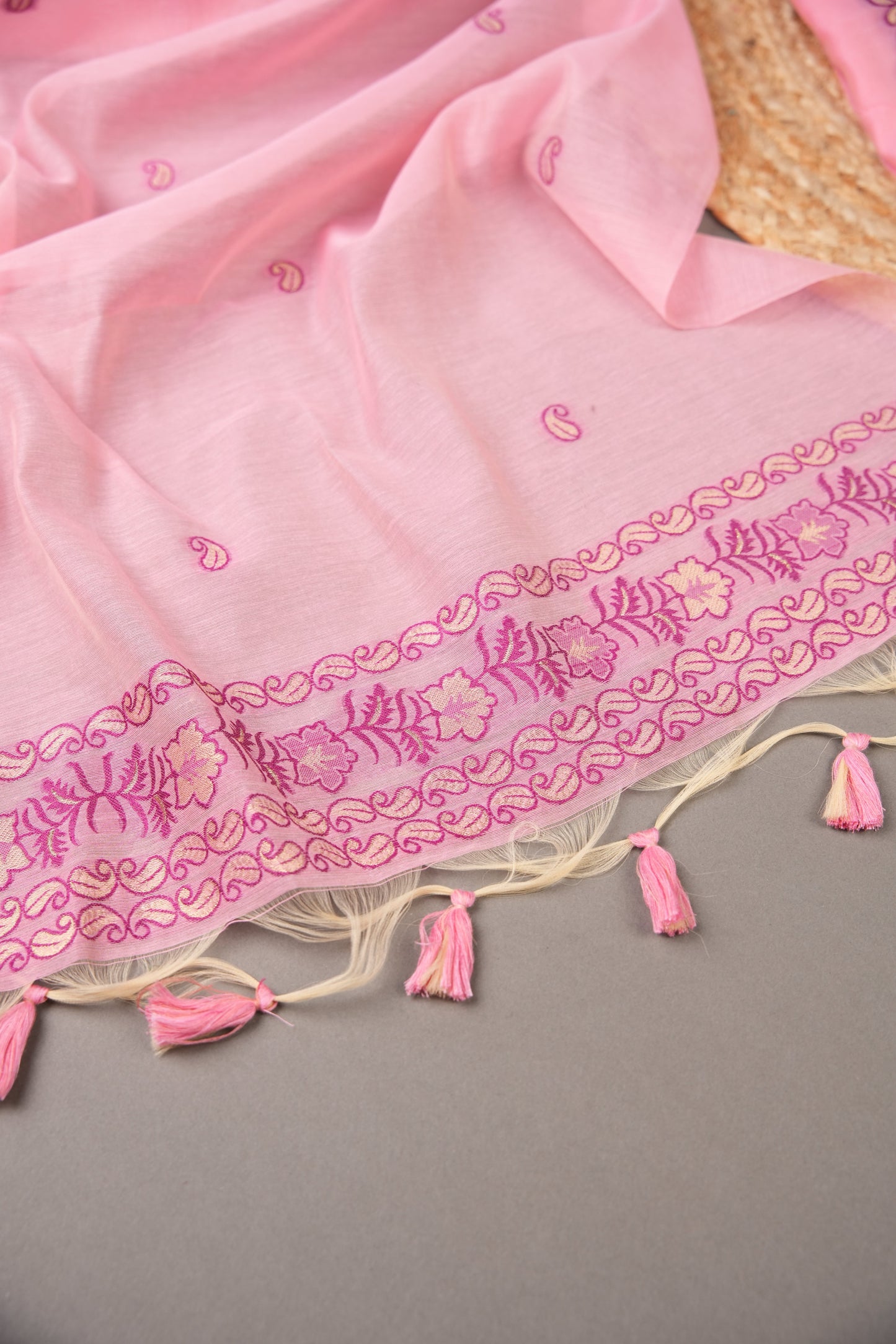 Floral Silhouettes Pink Muga Cotton Unstitched Suit Set