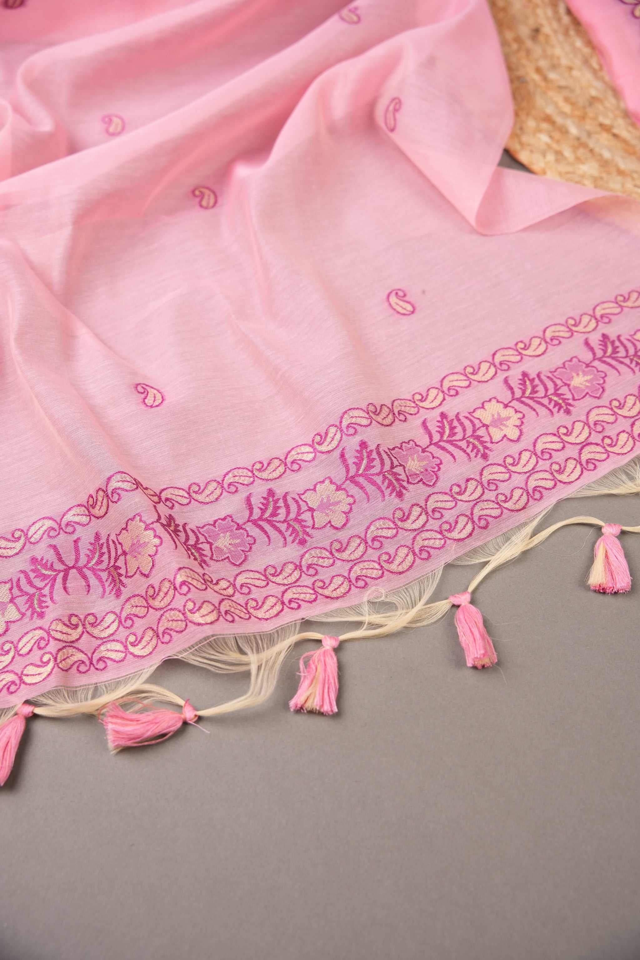 Floral Silhouettes Pink Muga Cotton Unstitched Suit Set