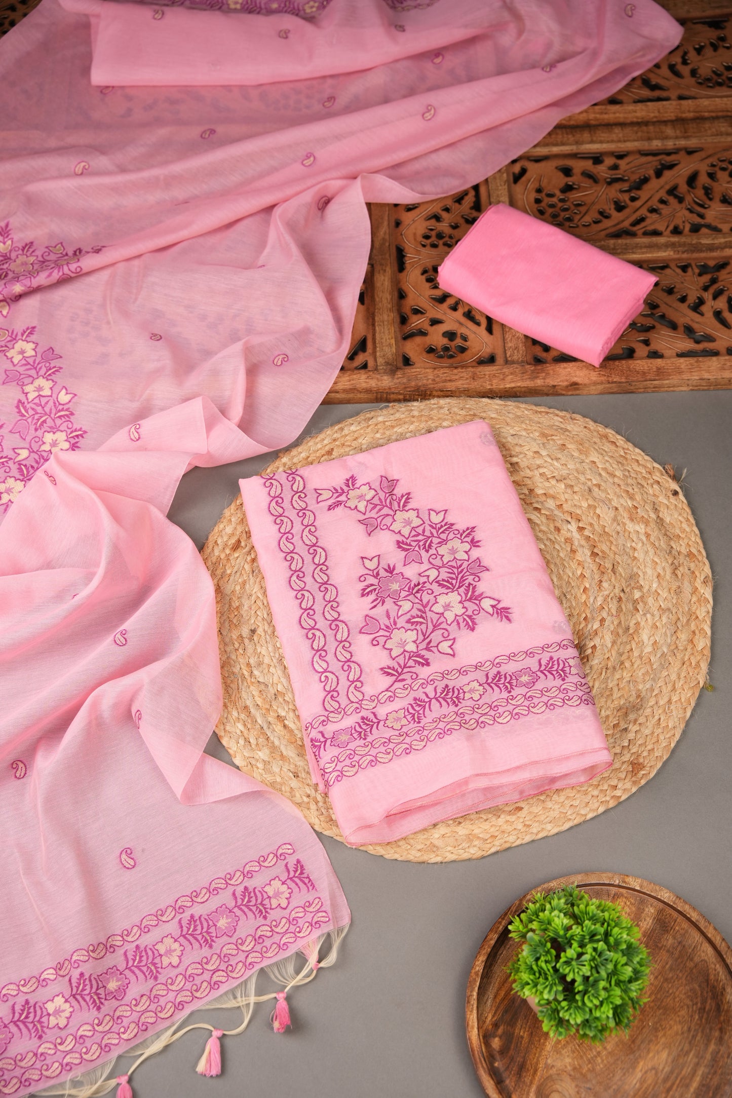 Floral Silhouettes Pink Muga Cotton Unstitched Suit Set