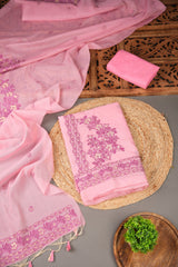 Floral Silhouettes Pink Muga Cotton Unstitched Suit Set