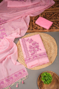 Floral Silhouettes Pink Muga Cotton Unstitched Suit Set
