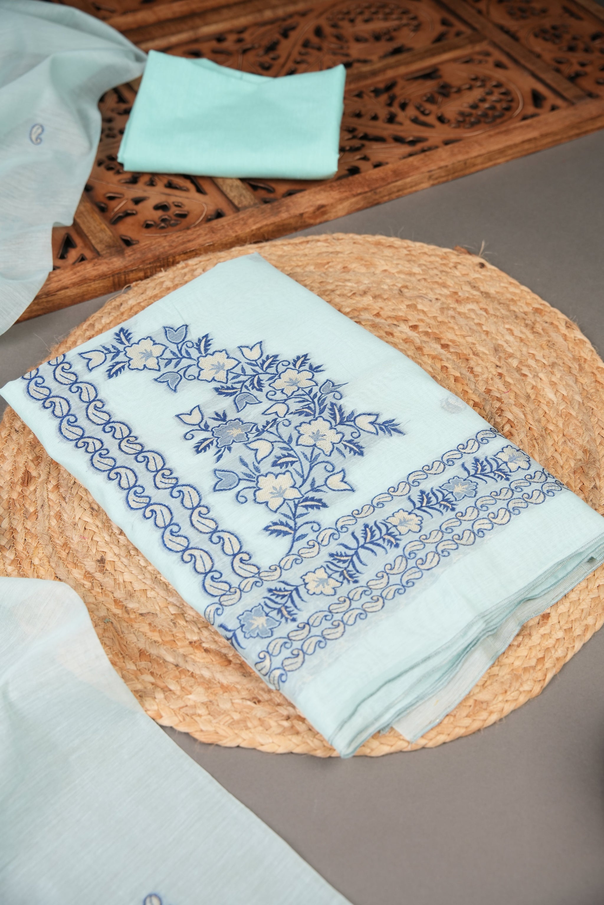 Floral Silhouettes Sky Blue Muga Cotton Unstitched Suit Set