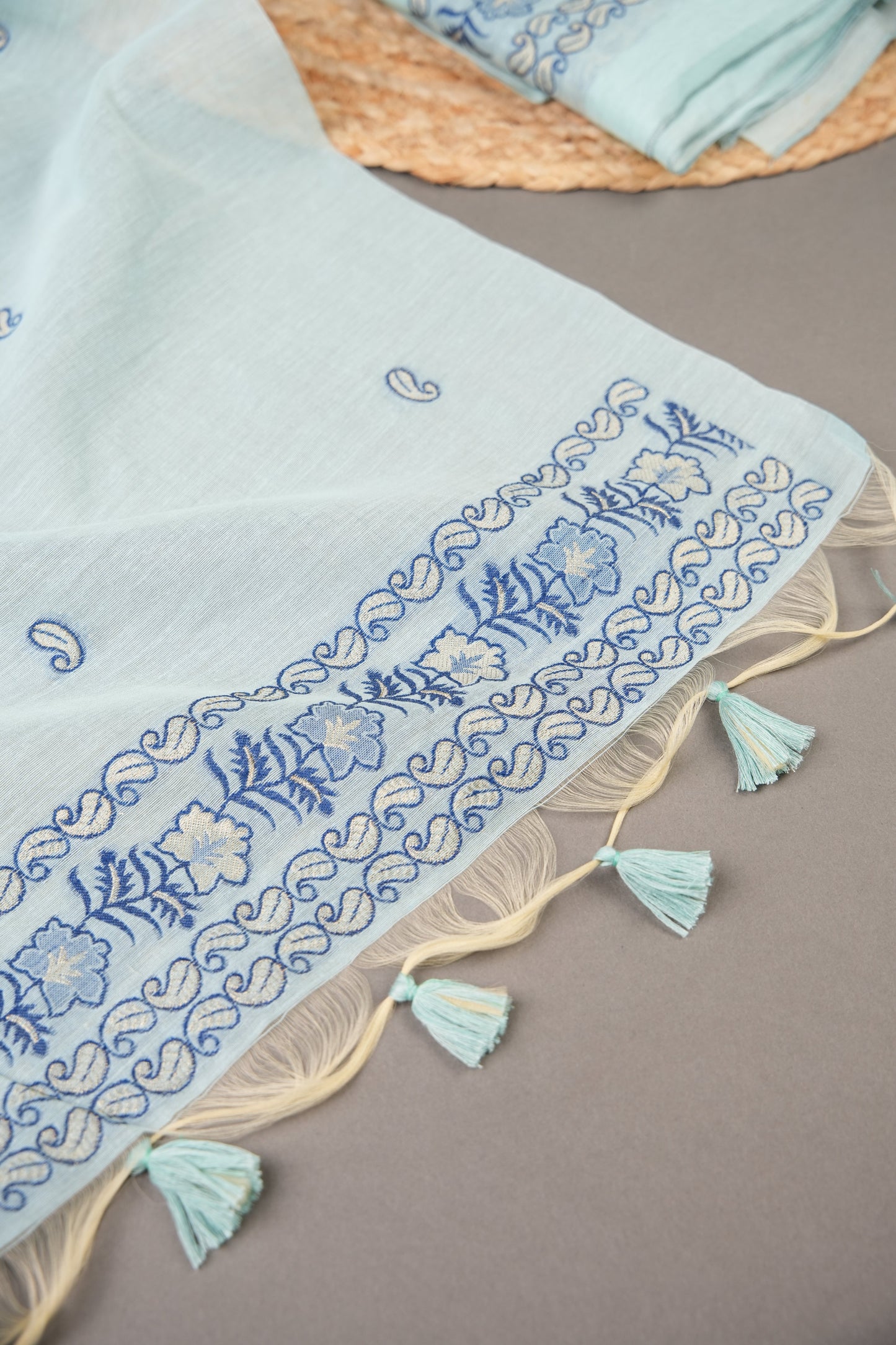 Floral Silhouettes Sky Blue Muga Cotton Unstitched Suit Set