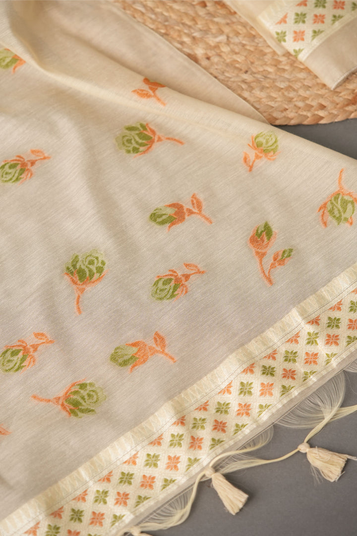 Sculpted Simplicity Beige Muga Cotton Unstitched Suit Set