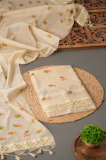 Load image into Gallery viewer, Sculpted Simplicity Beige Muga Cotton Unstitched Suit Set
