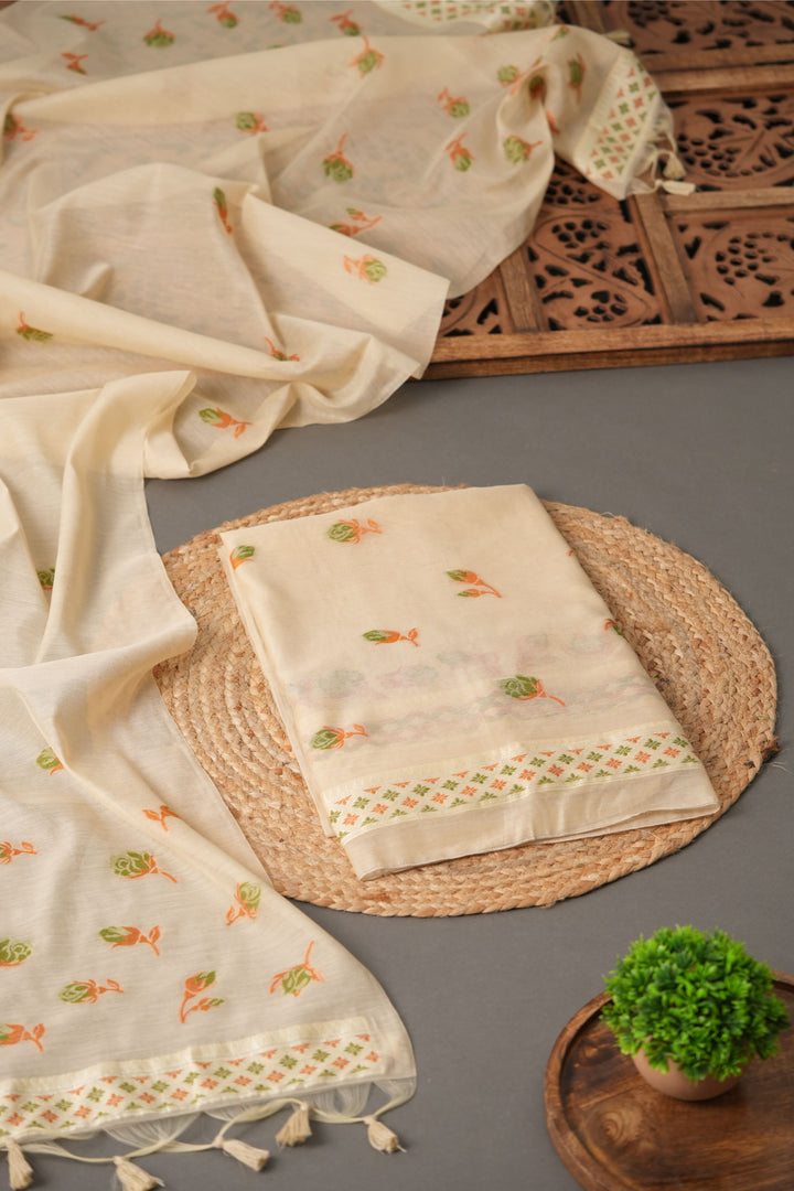 Sculpted Simplicity Beige Muga Cotton Unstitched Suit Set