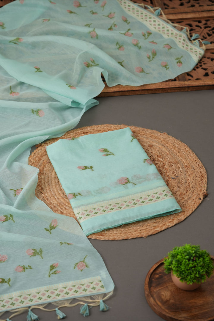 Sculpted Simplicity Aqua Blue Muga Cotton Unstitched Suit Set