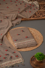 Load image into Gallery viewer, Sculpted Simplicity Chocolate Brown Muga Cotton Unstitched Suit Set
