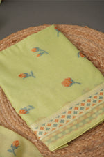 Load image into Gallery viewer, Sculpted Simplicity Pista Green Muga Cotton Unstitched Suit Set
