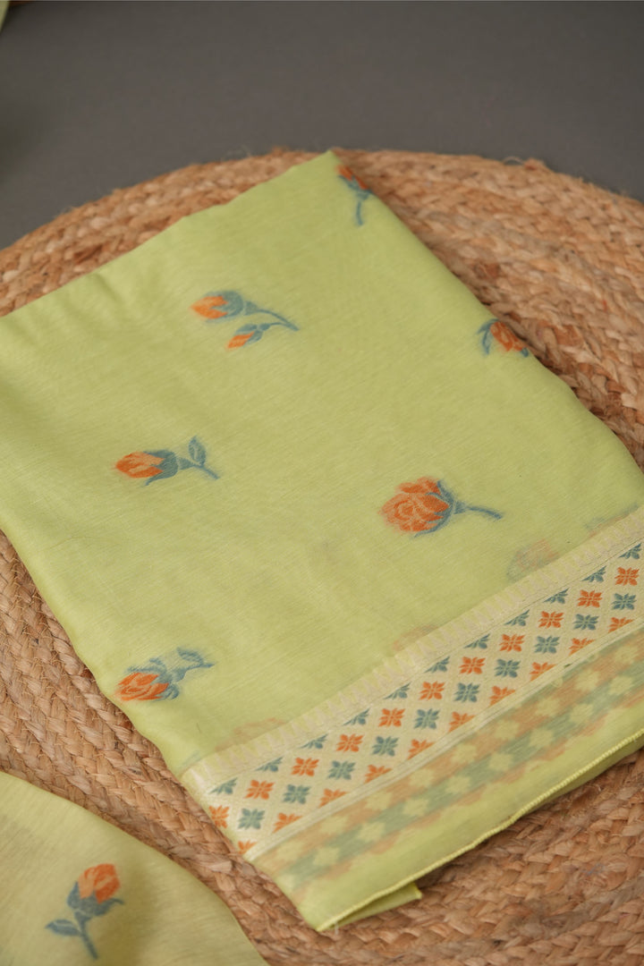 Sculpted Simplicity Pista Green Muga Cotton Unstitched Suit Set