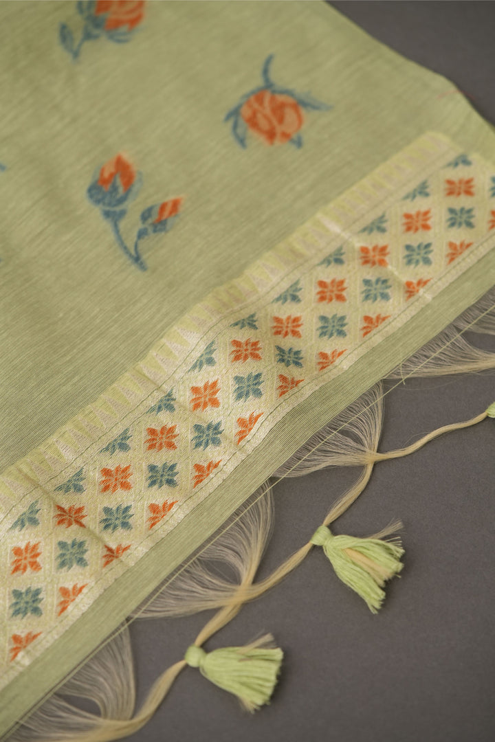 Sculpted Simplicity Pista Green Muga Cotton Unstitched Suit Set