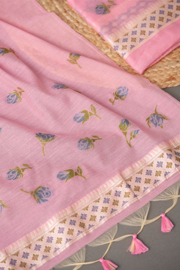 Sculpted Simplicity Pink Muga Cotton Unstitched Suit Set