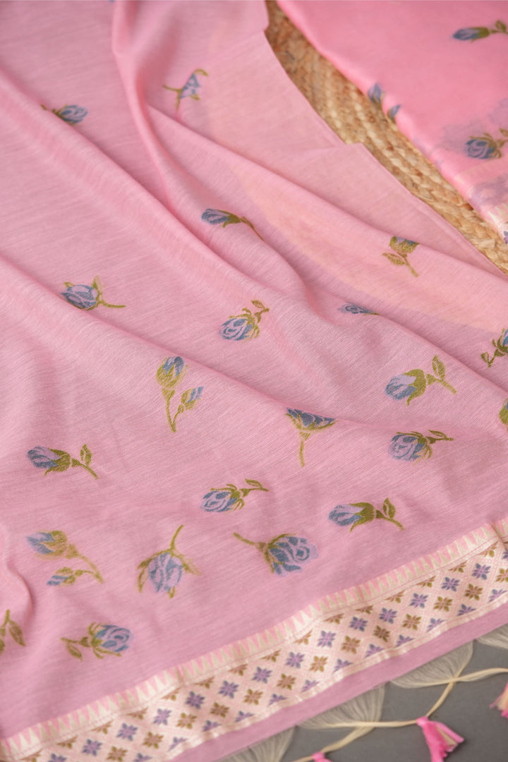 Sculpted Simplicity Pink Muga Cotton Unstitched Suit Set