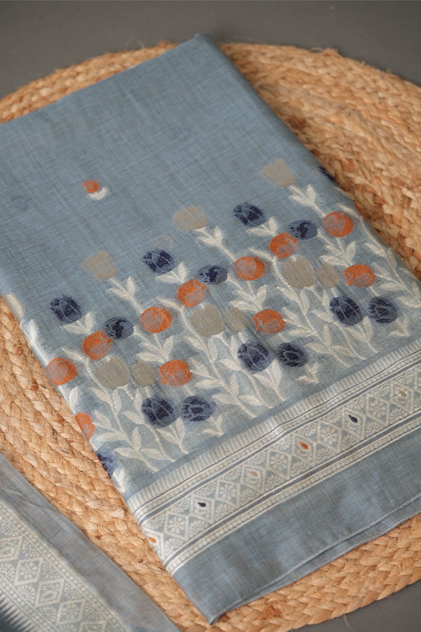 Wildflower Hues Greyish Blue Muga Cotton Unstitched Suit Set