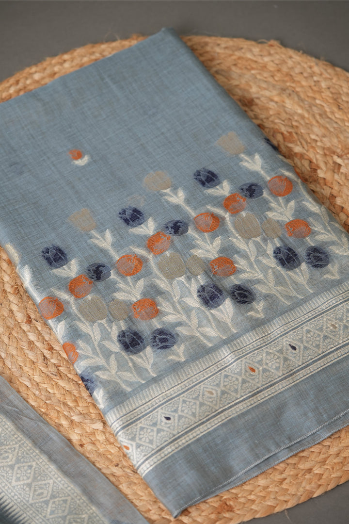 Wildflower Hues Greyish Blue Muga Cotton Unstitched Suit Set