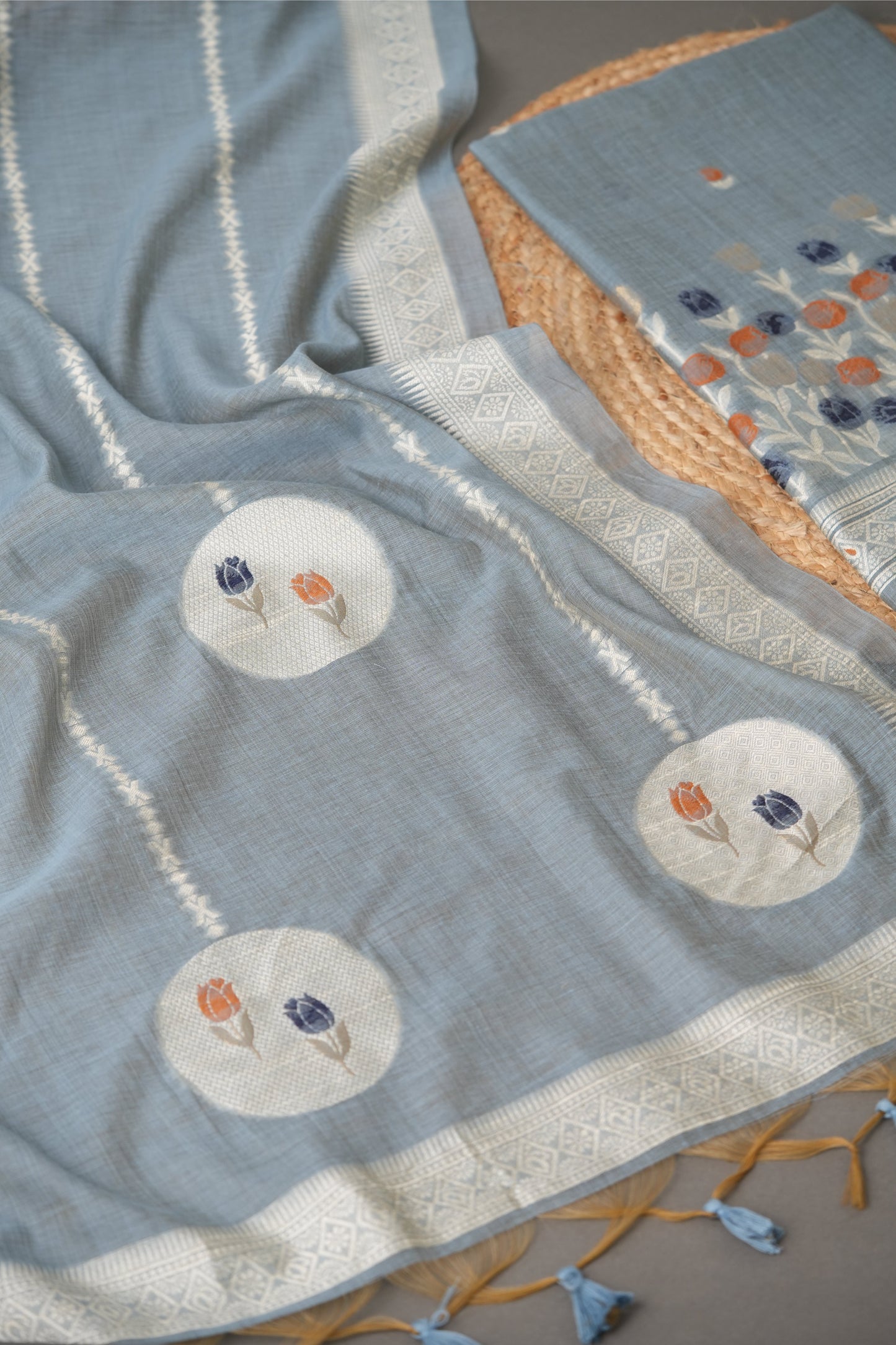 Wildflower Hues Greyish Blue Muga Cotton Unstitched Suit Set