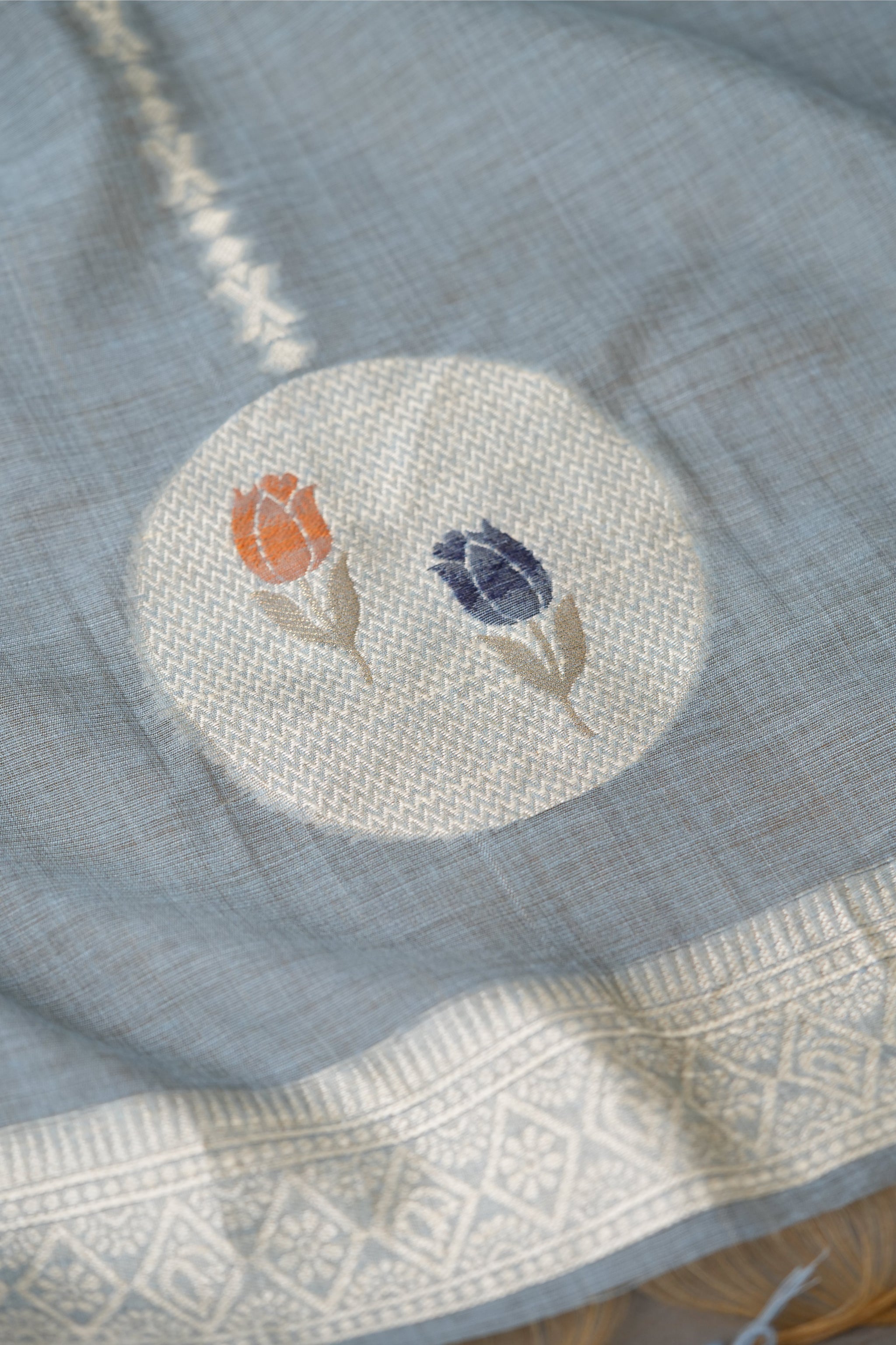 Wildflower Hues Greyish Blue Muga Cotton Unstitched Suit Set