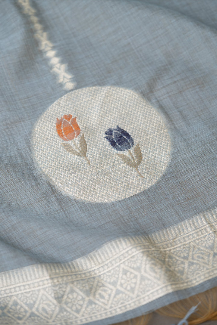 Wildflower Hues Greyish Blue Muga Cotton Unstitched Suit Set
