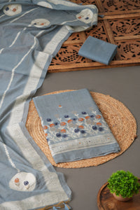 Wildflower Hues Greyish Blue Muga Cotton Unstitched Suit Set