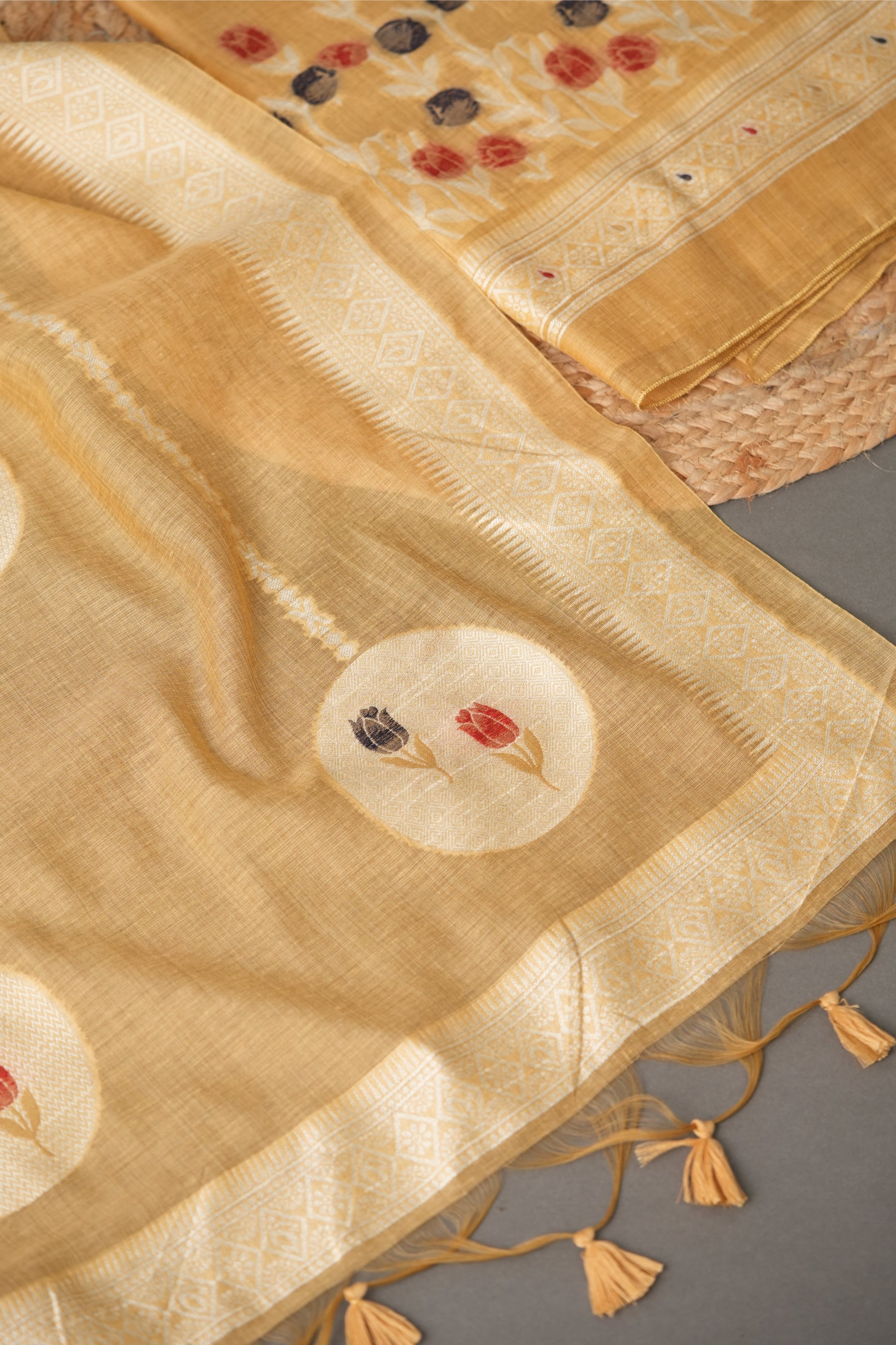 Wildflower Hues Mustard Muga Cotton Unstitched Suit Set