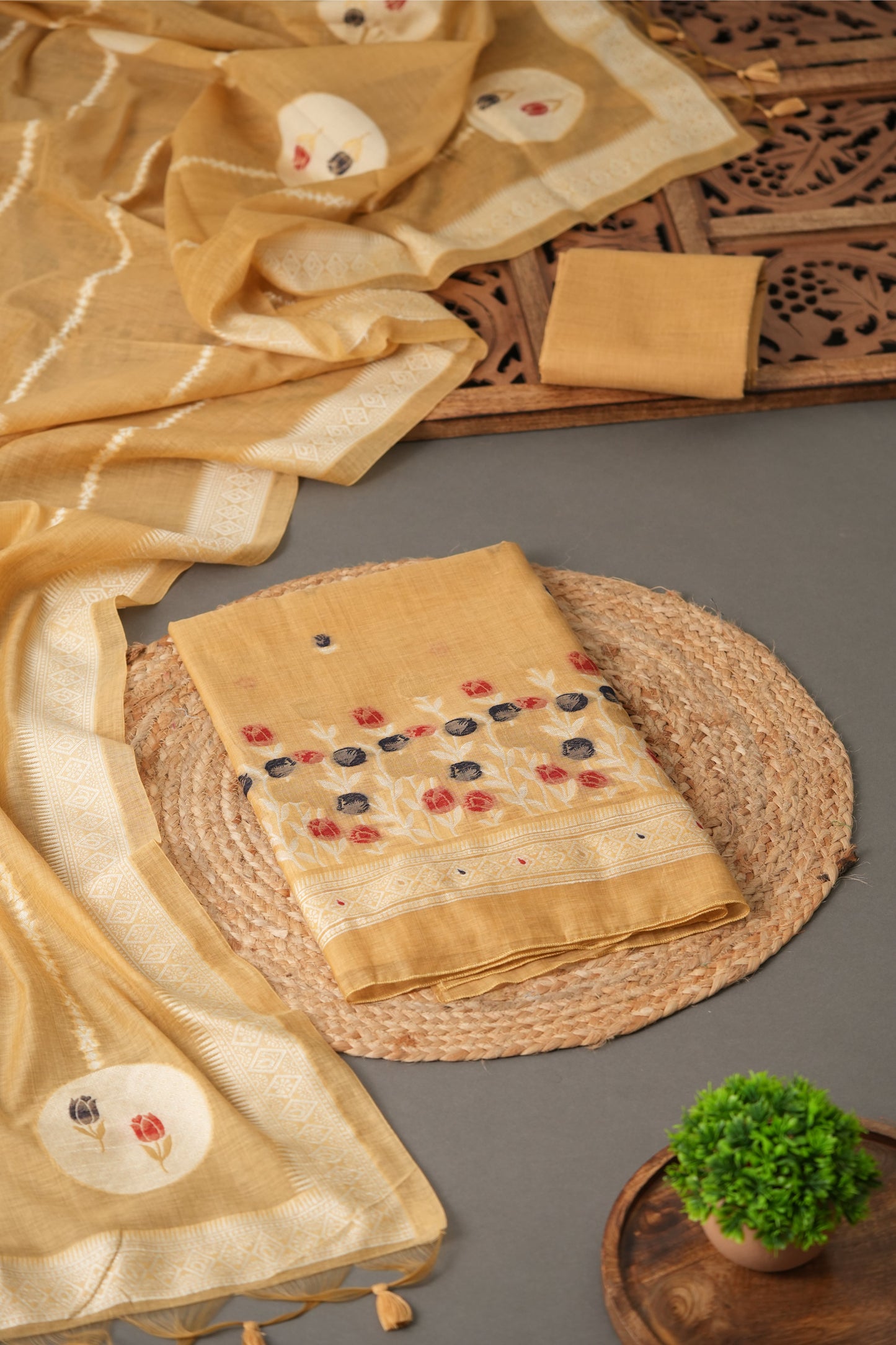 Wildflower Hues Mustard Muga Cotton Unstitched Suit Set