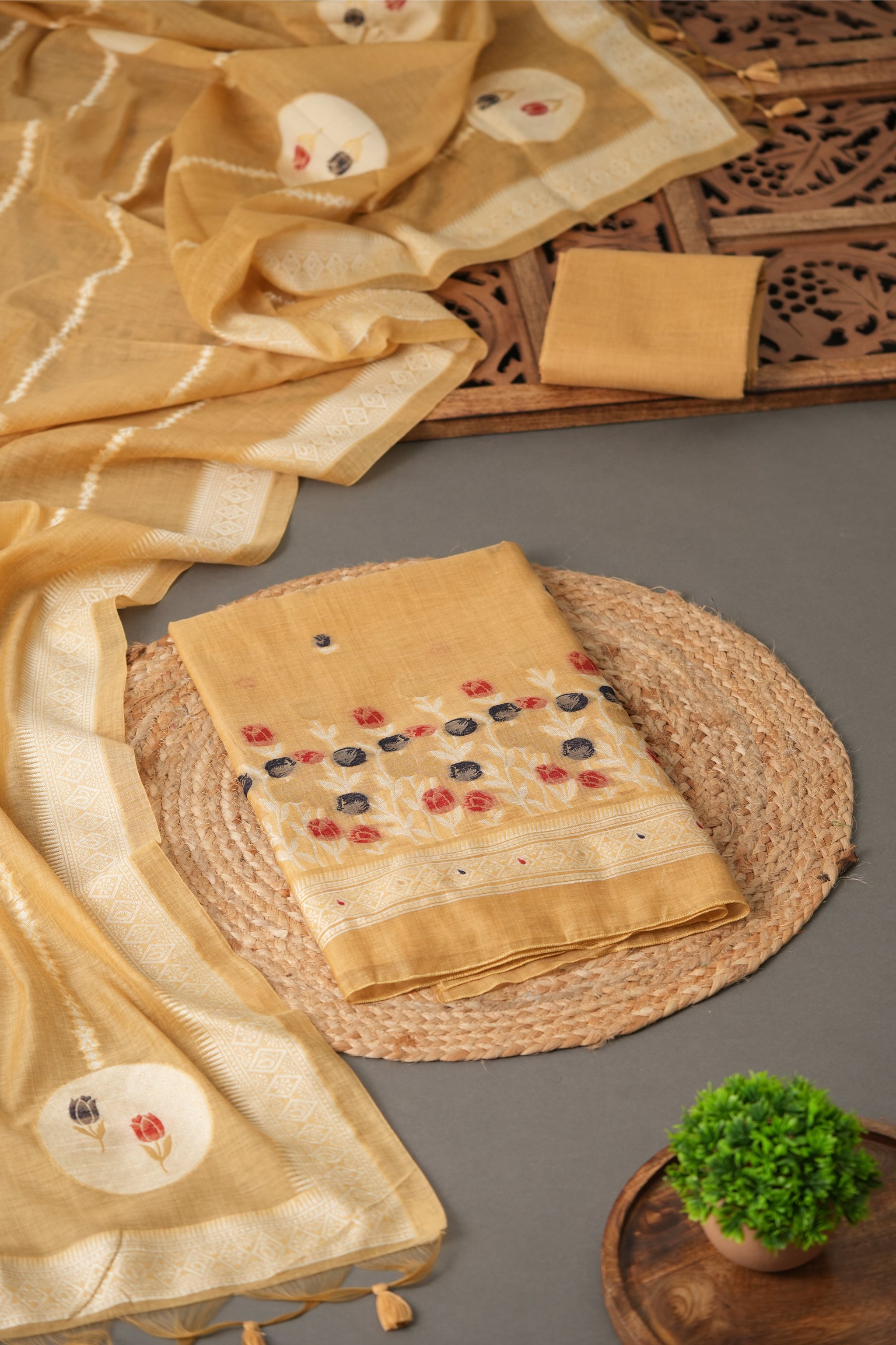 Wildflower Hues Mustard Muga Cotton Unstitched Suit Set