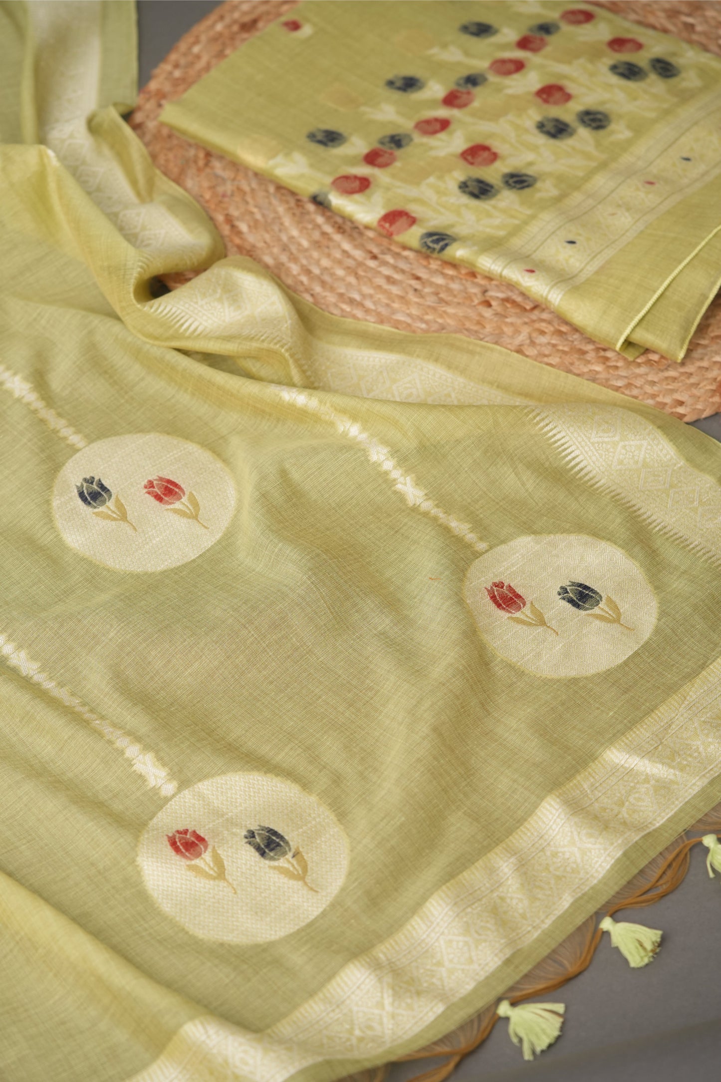 Wildflower Hues Pista Green Muga Cotton Unstitched Suit Set