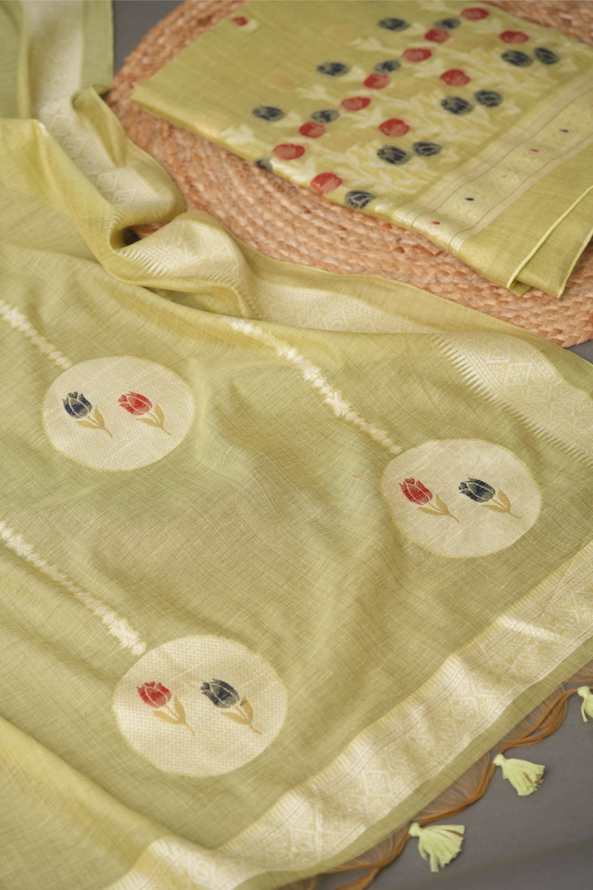 Wildflower Hues Pista Green Muga Cotton Unstitched Suit Set