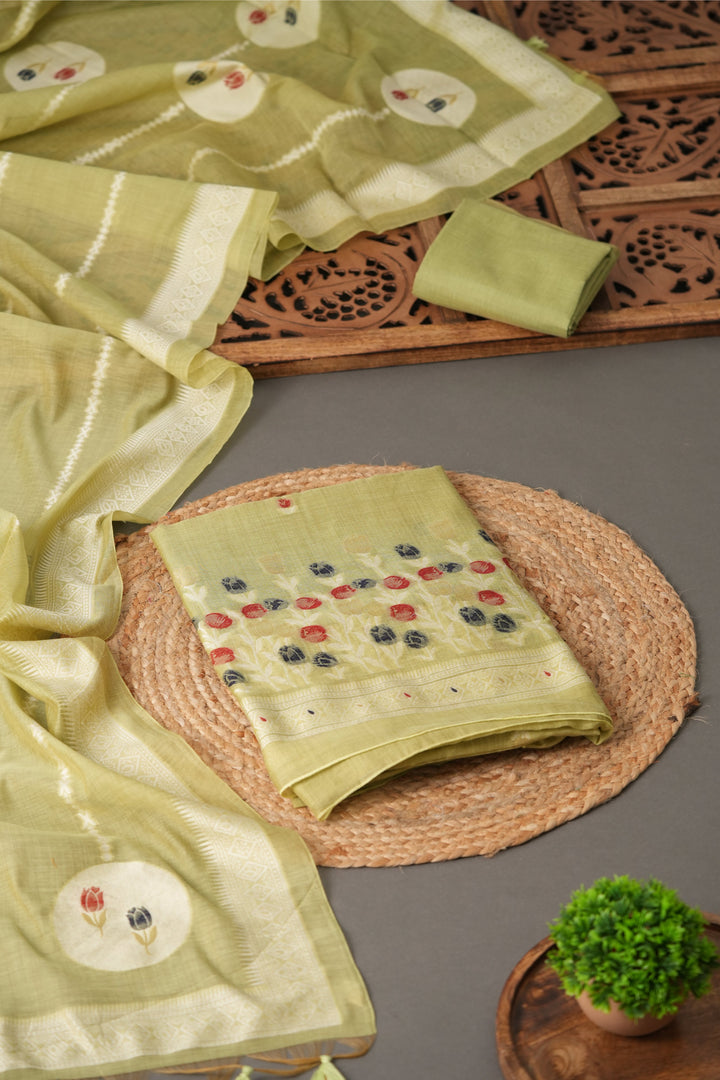 Wildflower Hues Pista Green Muga Cotton Unstitched Suit Set