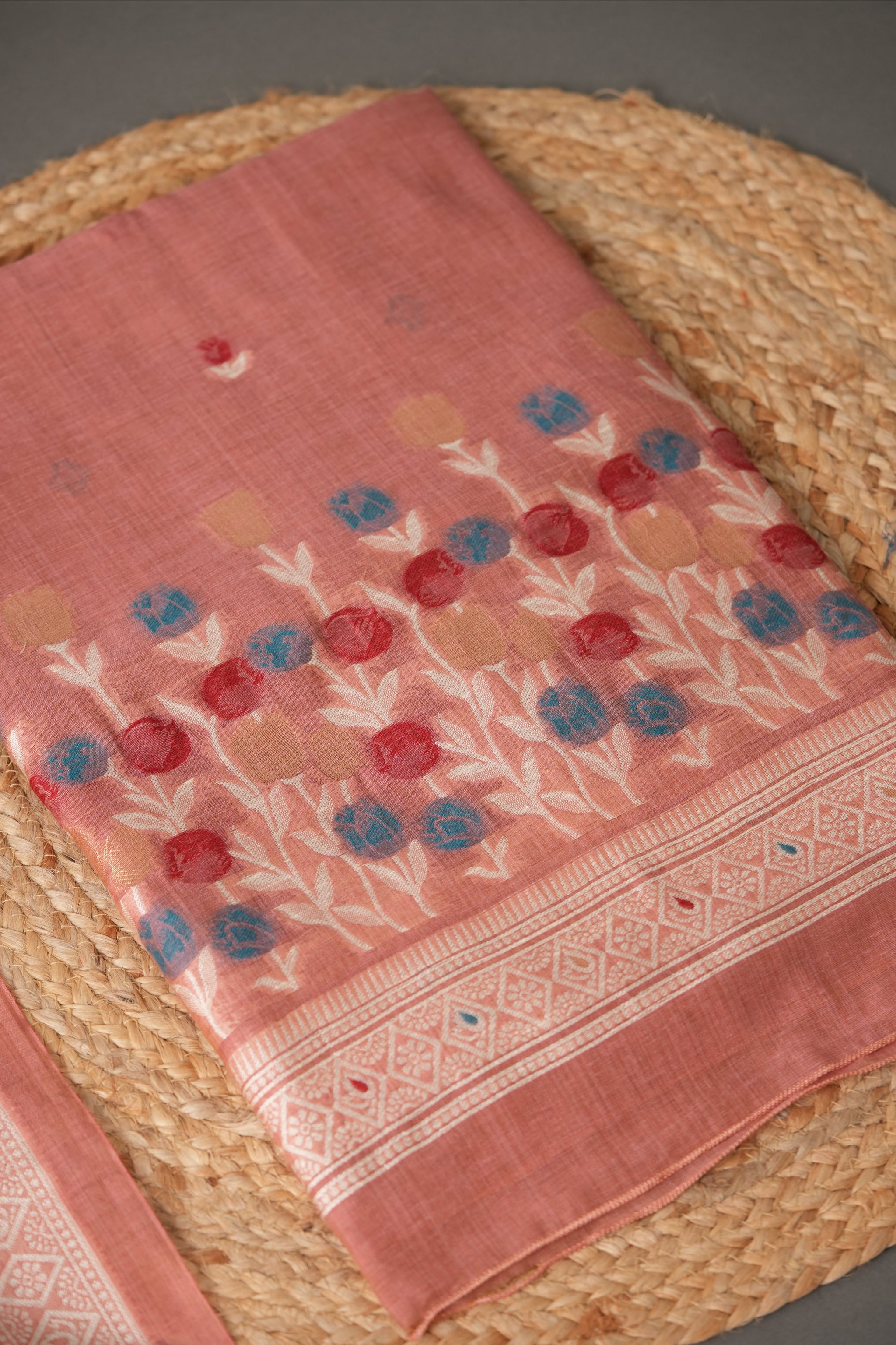Wildflower Hues Pink Muga Cotton Unstitched Suit Set