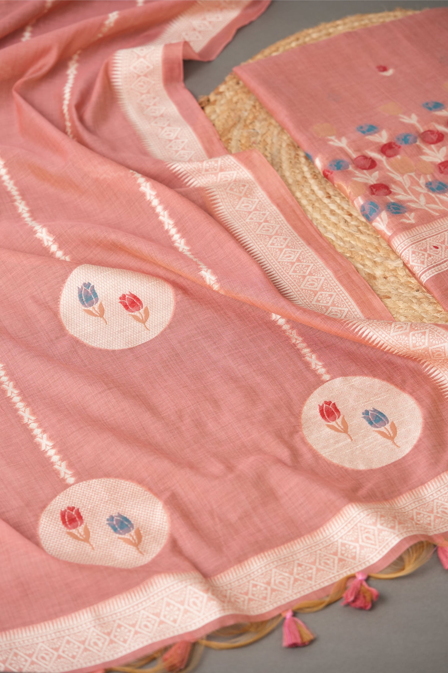 Wildflower Hues Pink Muga Cotton Unstitched Suit Set