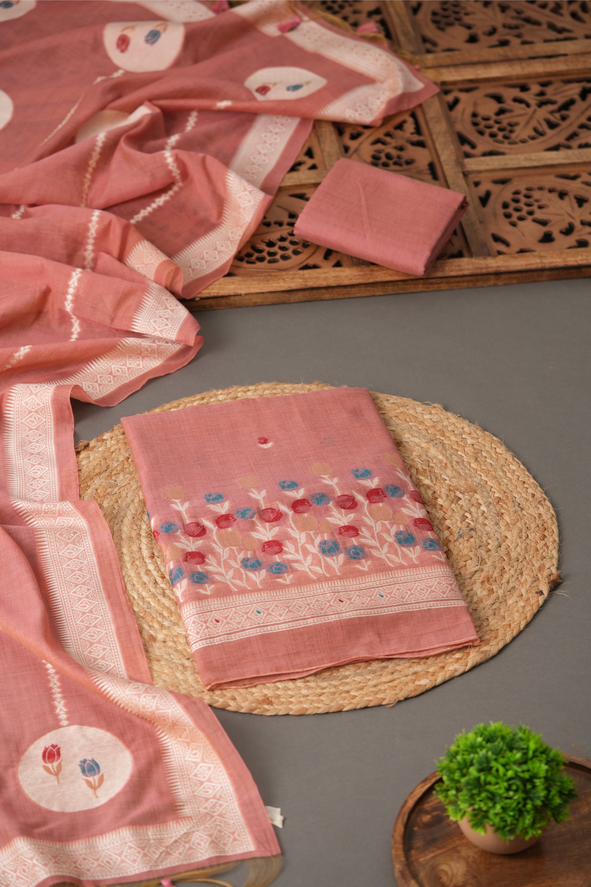 Wildflower Hues Pink Muga Cotton Unstitched Suit Set