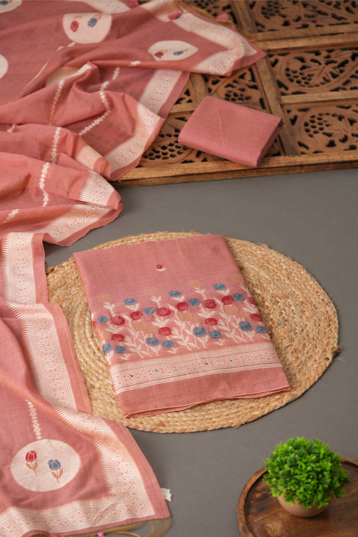 Wildflower Hues Pink Muga Cotton Unstitched Suit Set