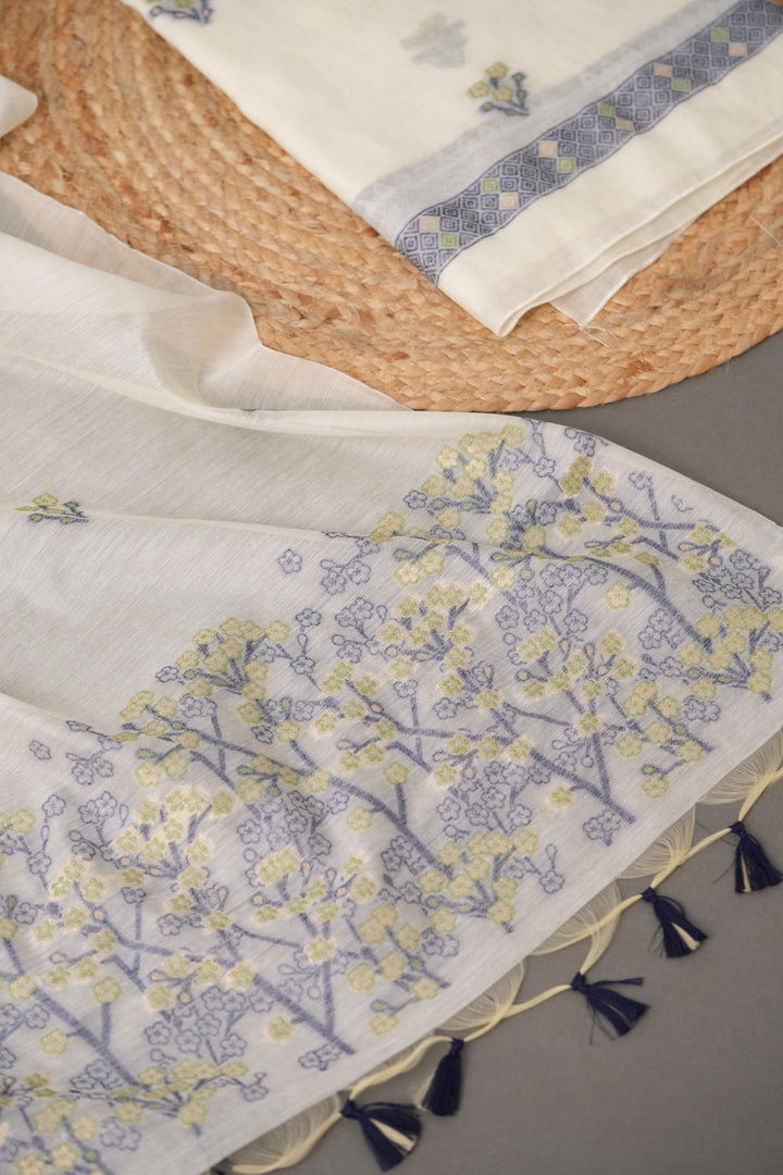 Unstitched Fairytale Navy Muga Cotton Unstitched Suit Set