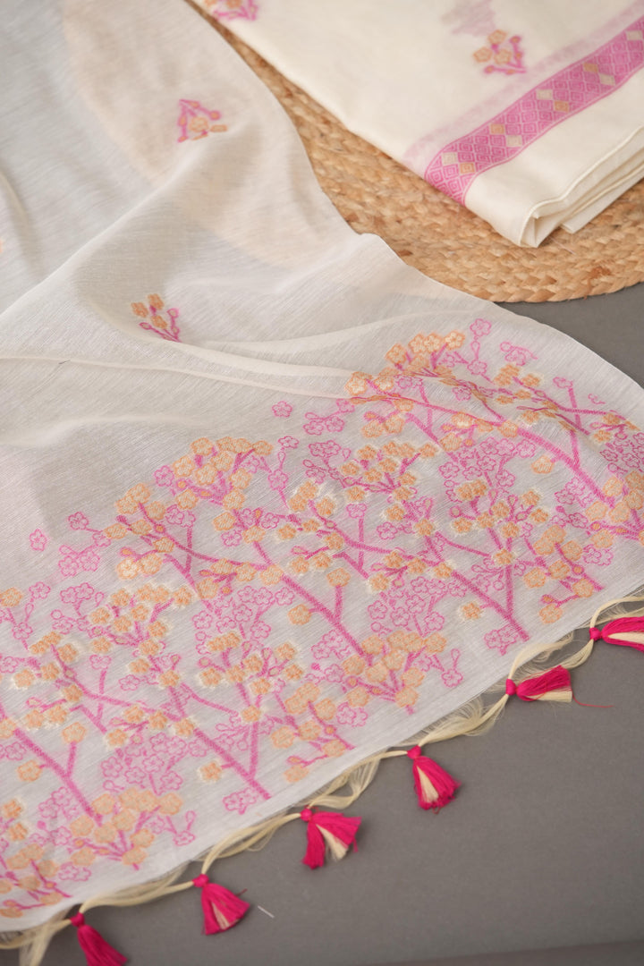 Unstitched Fairytale Pink Muga Cotton Unstitched Suit Set