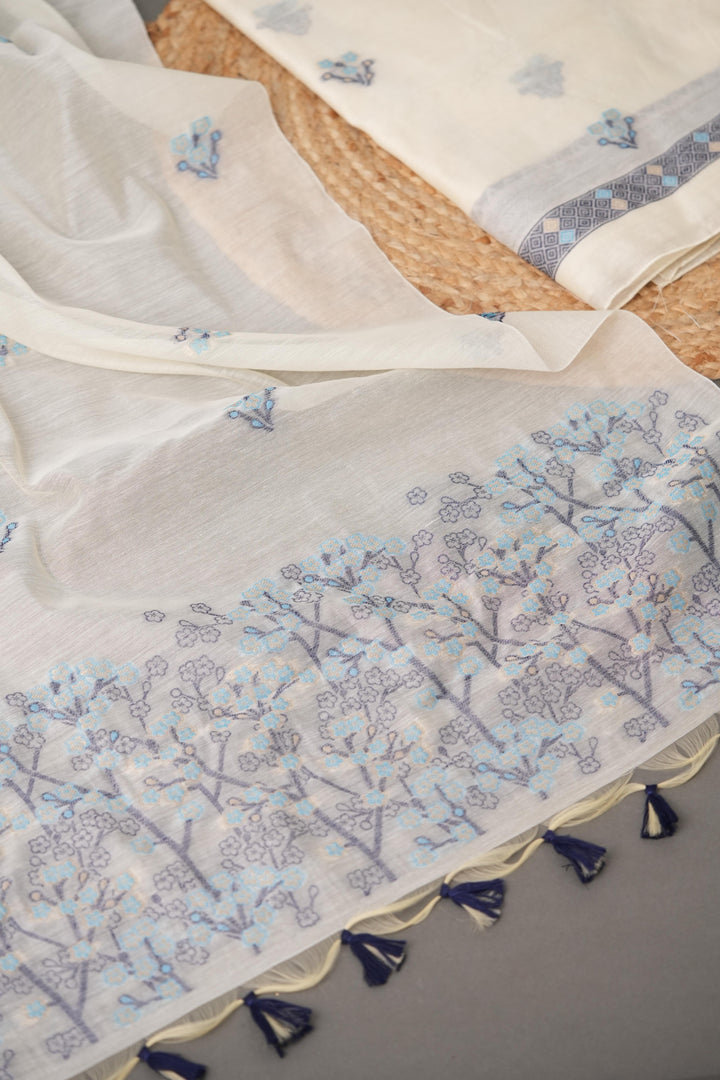 Unstitched Fairytale Sky Blue Muga Cotton Unstitched Suit Set