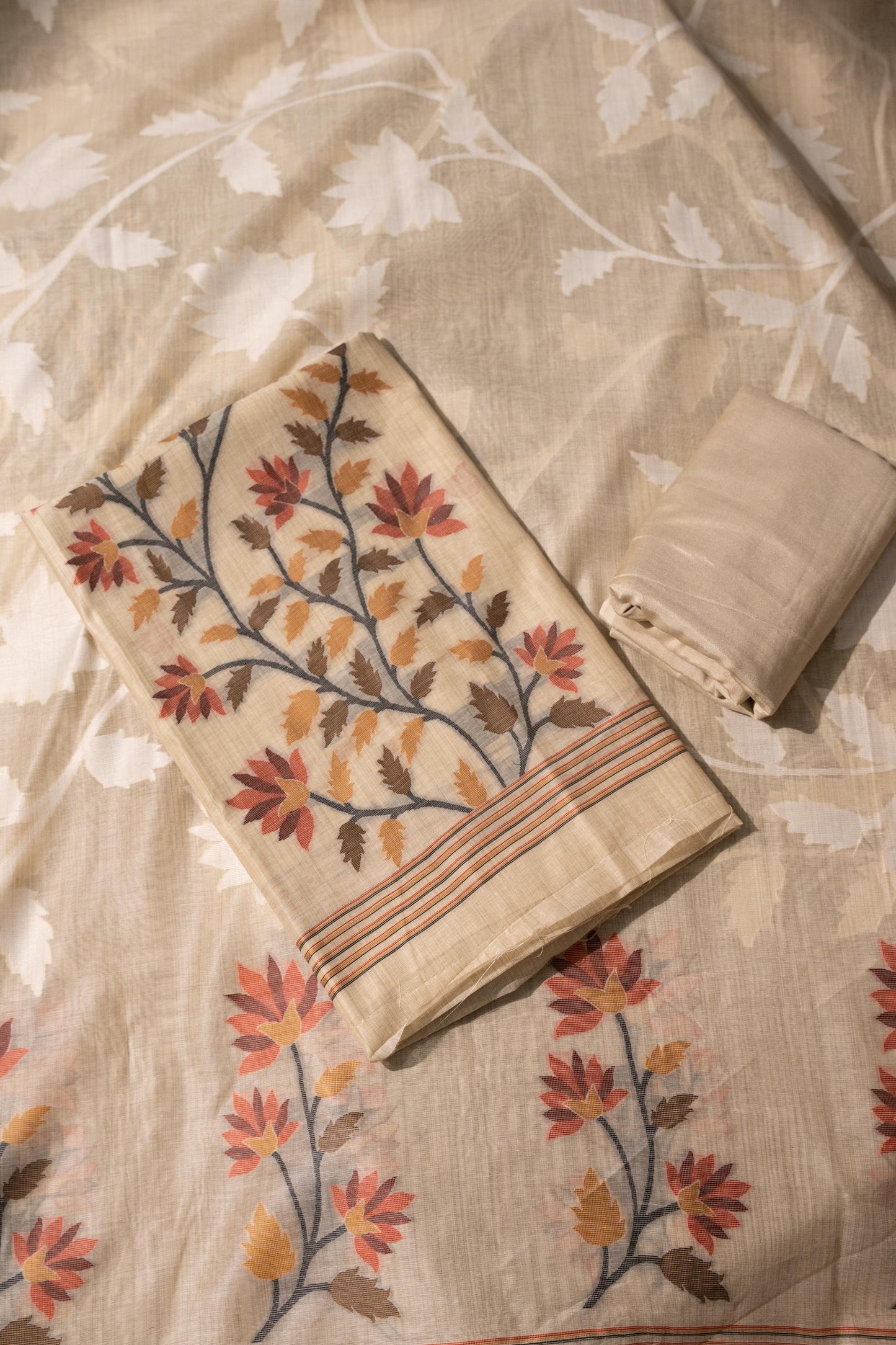 Floral Fiesta Beige Soft Cotton Unstitched Suit Set