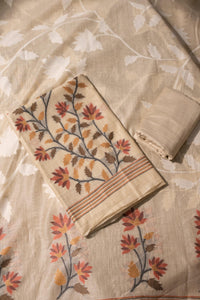 Floral Fiesta Beige Soft Cotton Unstitched Suit Set