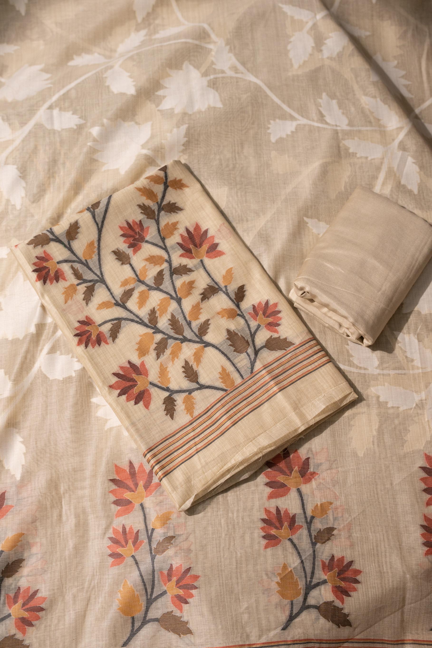 Floral Fiesta Beige Soft Cotton Unstitched Suit Set