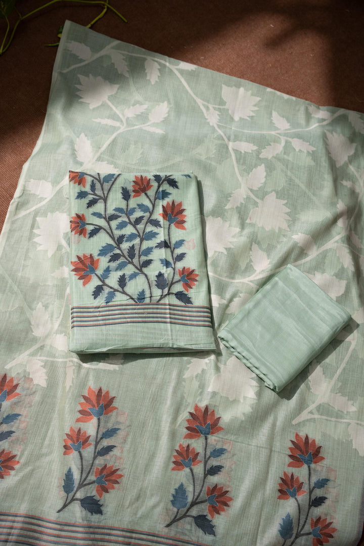 Floral Fiesta Sea Green Soft Cotton Unstitched Suit Set